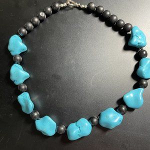 17 in chunky turquoise and black beaded necklace with toggle clasp